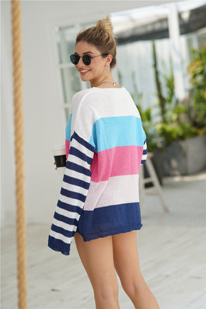 Striped Ribbed Trim Bell Sleeve Sweater-Mope's Closet