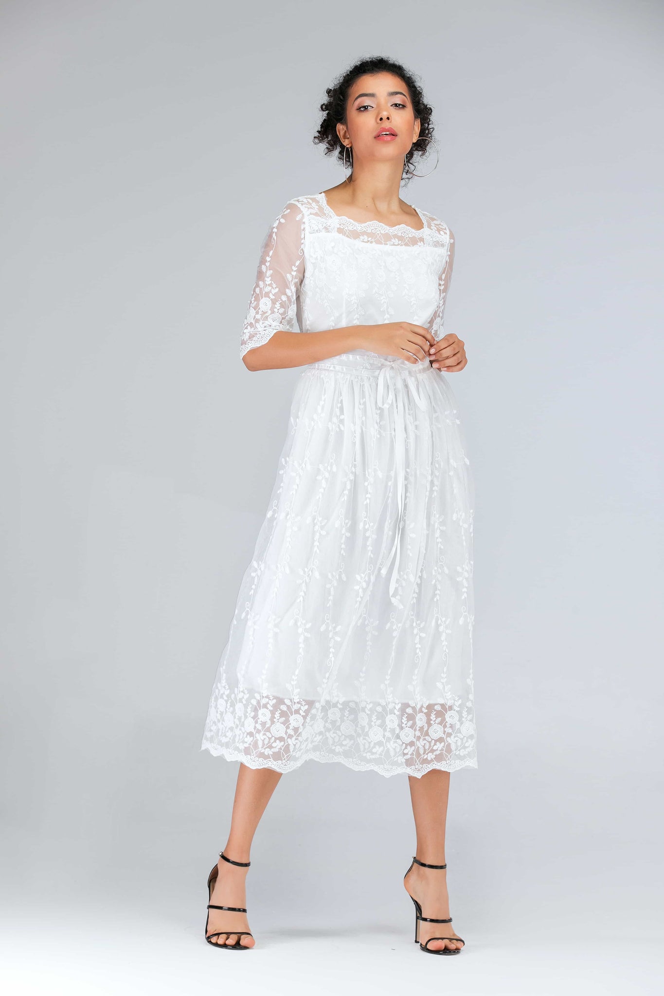 Scalloped Lace Half Sleeve Midi Dress-Mope's Closet