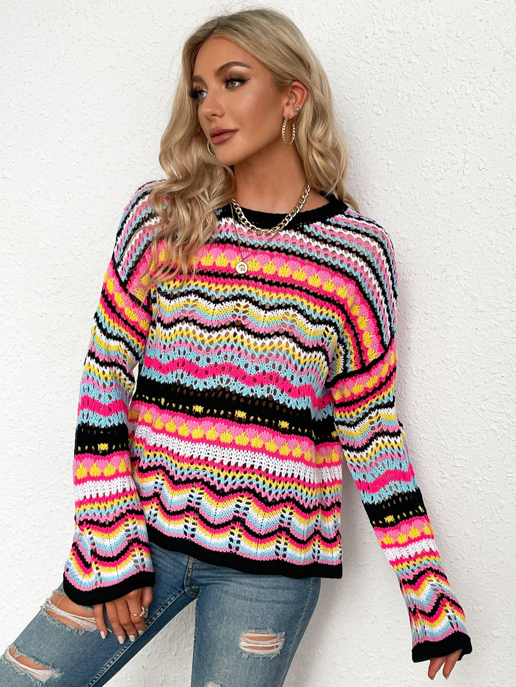 Rainbow Stripe Openwork Flare Sleeve Knit Top-Mope's Closet