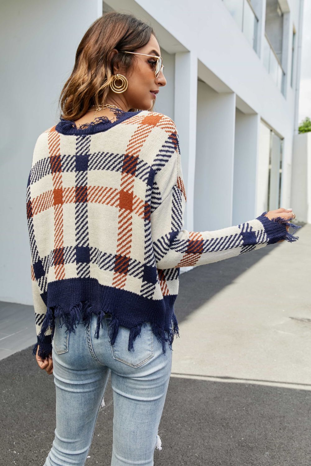 Plaid Distressed Drop Shoulder Sweater-Mope's Closet