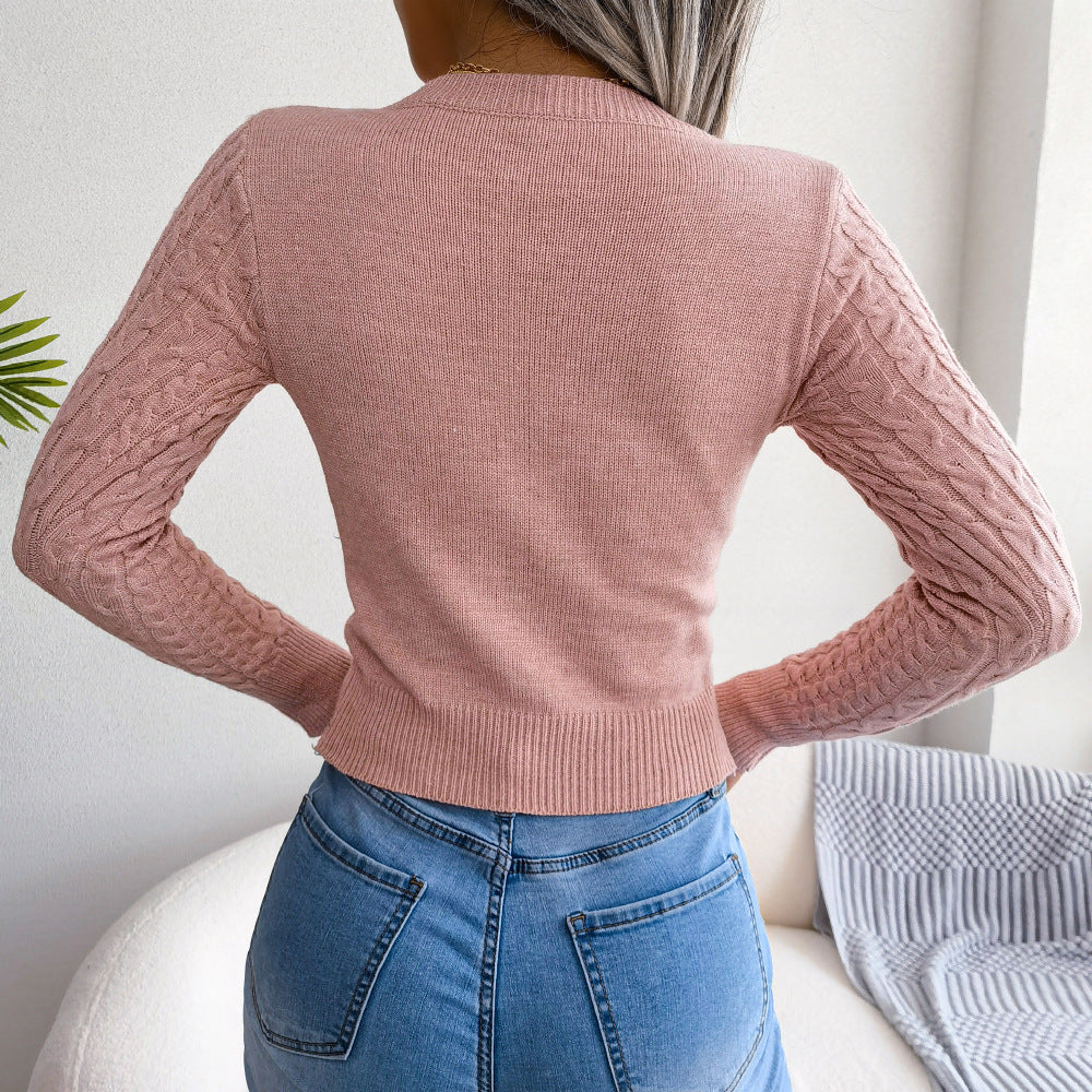 Cutout Cable-Knit Round Neck Sweater-Mope's Closet