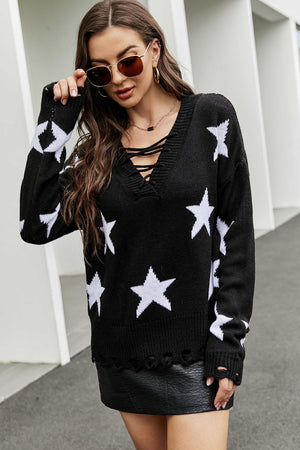 Star Pattern Lace-Up Drop Shoulder Sweater-Mope's Closet