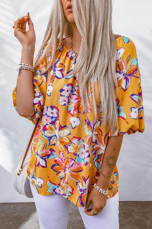 Floral Puff Sleeve Boat Neck Blouse-Mope's Closet