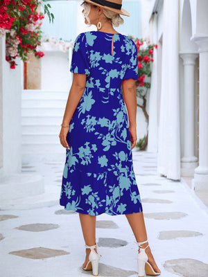 Floral Puff Sleeve Ruffle Hem Midi Dress-Mope's Closet