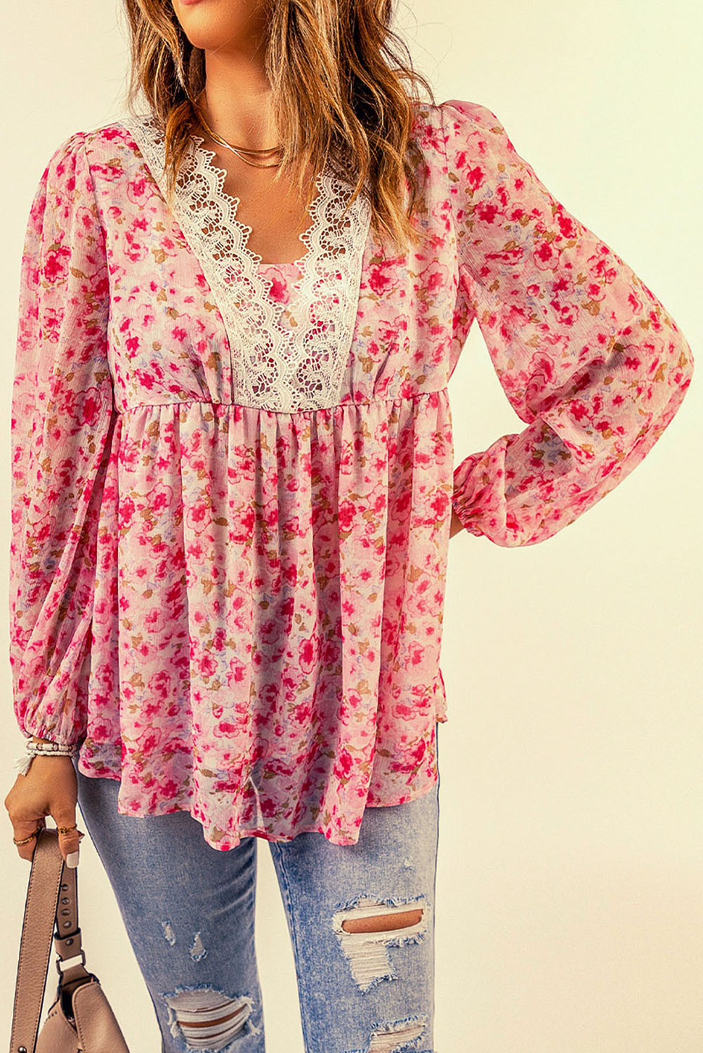 Floral Lace Trim Balloon Sleeve Blouse-Mope's Closet