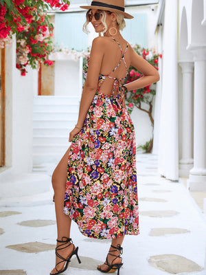 Floral Crisscross Backless Split Dress-Mope's Closet