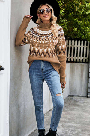 Chevron Turtleneck Ribbed Trim Sweater-Mope's Closet