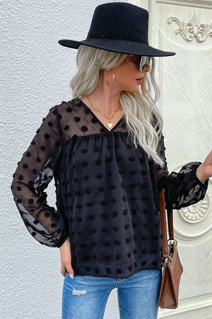 Swiss Dot V-Neck Blouse-Mope's Closet