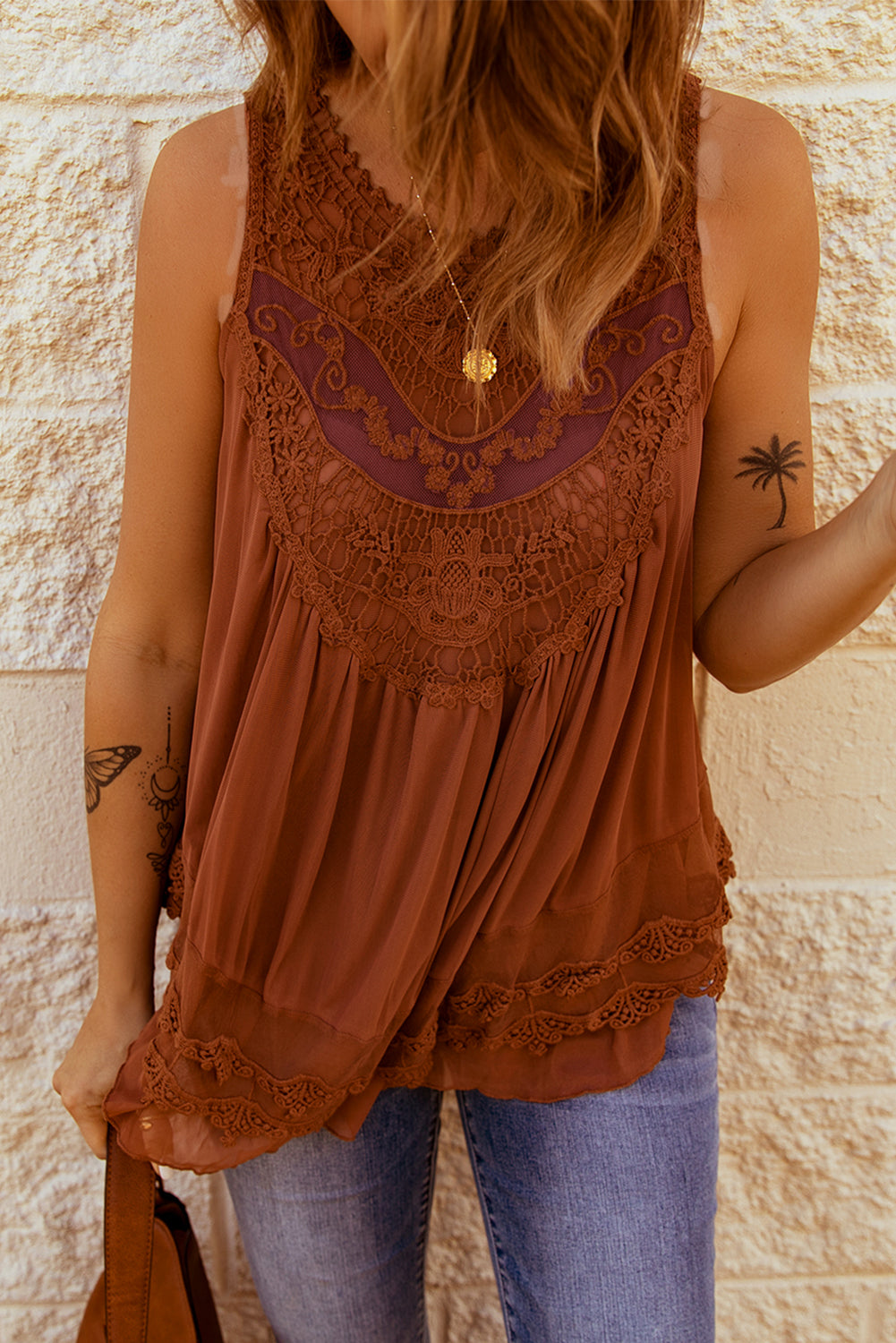 Lace Detail Button Back Sleeveless Top-Mope's Closet