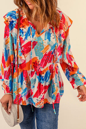 Brush Stroke Ruffled Tie Neck Blouse-Mope's Closet