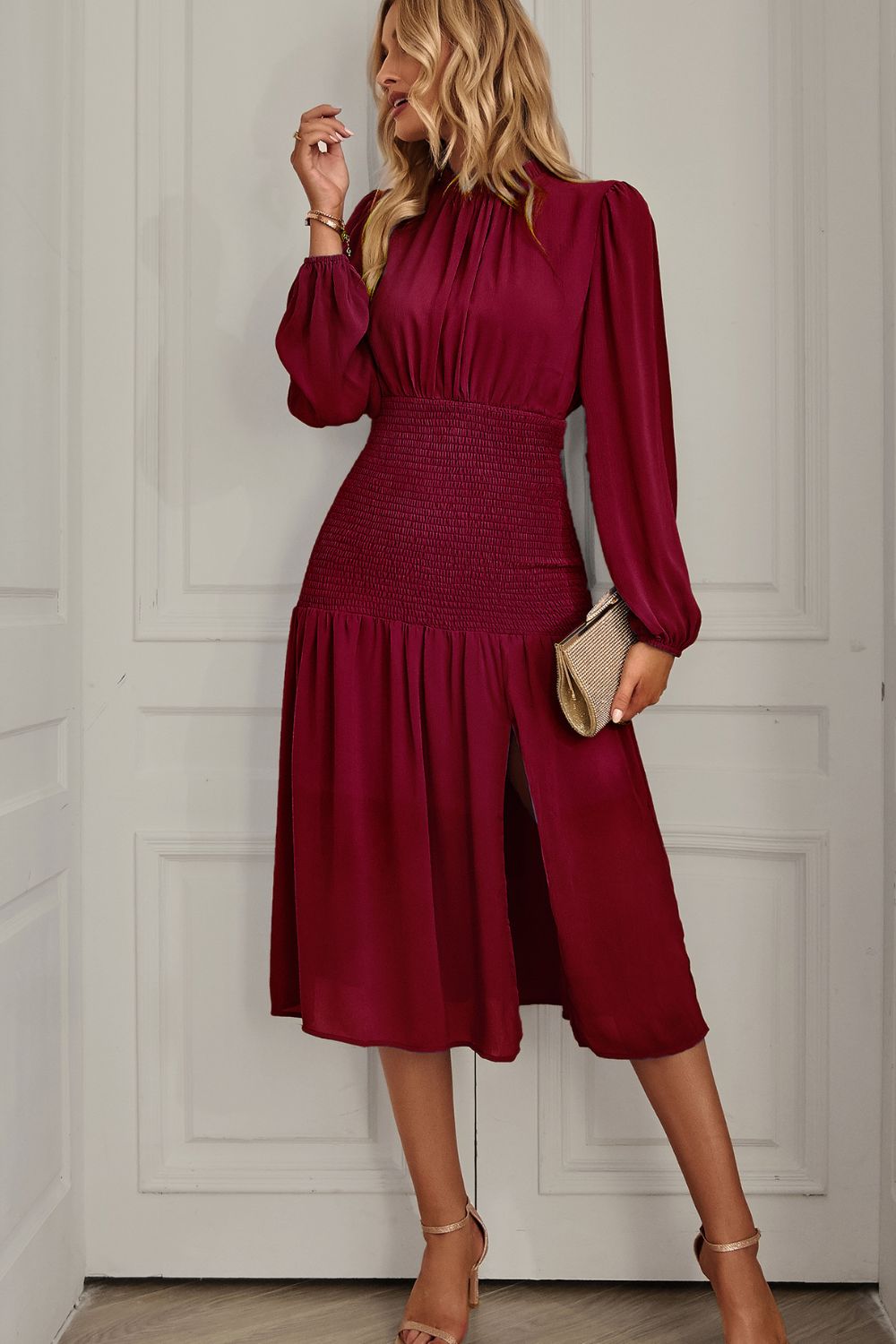 Slit Smocked Mock Neck Puff Sleeve Midi Dress-Mope's Closet