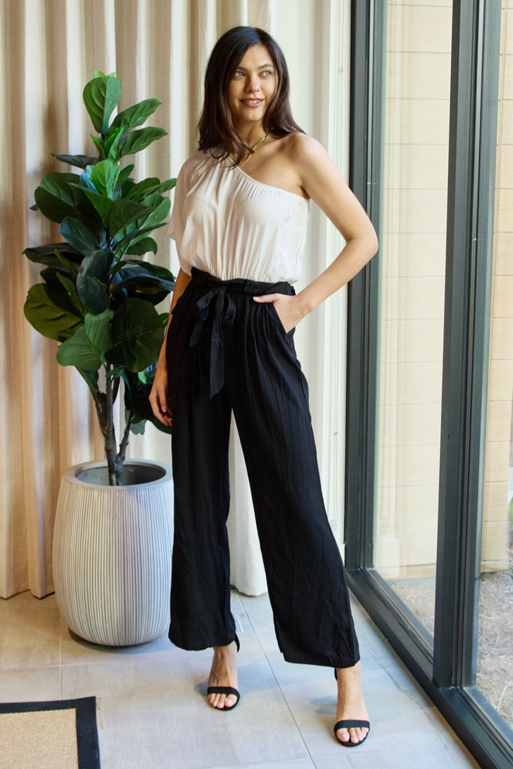 Dress Day Marvelous in Manhattan One-Shoulder Jumpsuit in White/Black-Mope's Closet