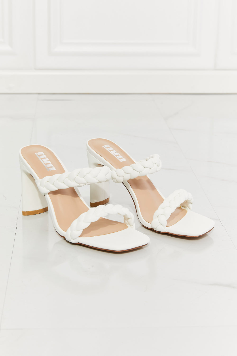 MMShoes In Love Double Braided Block Heel Sandal in White-Mope's Closet