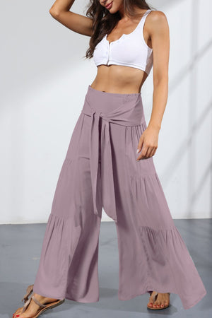 Tie Front Smocked Tiered Culottes-Mope's Closet