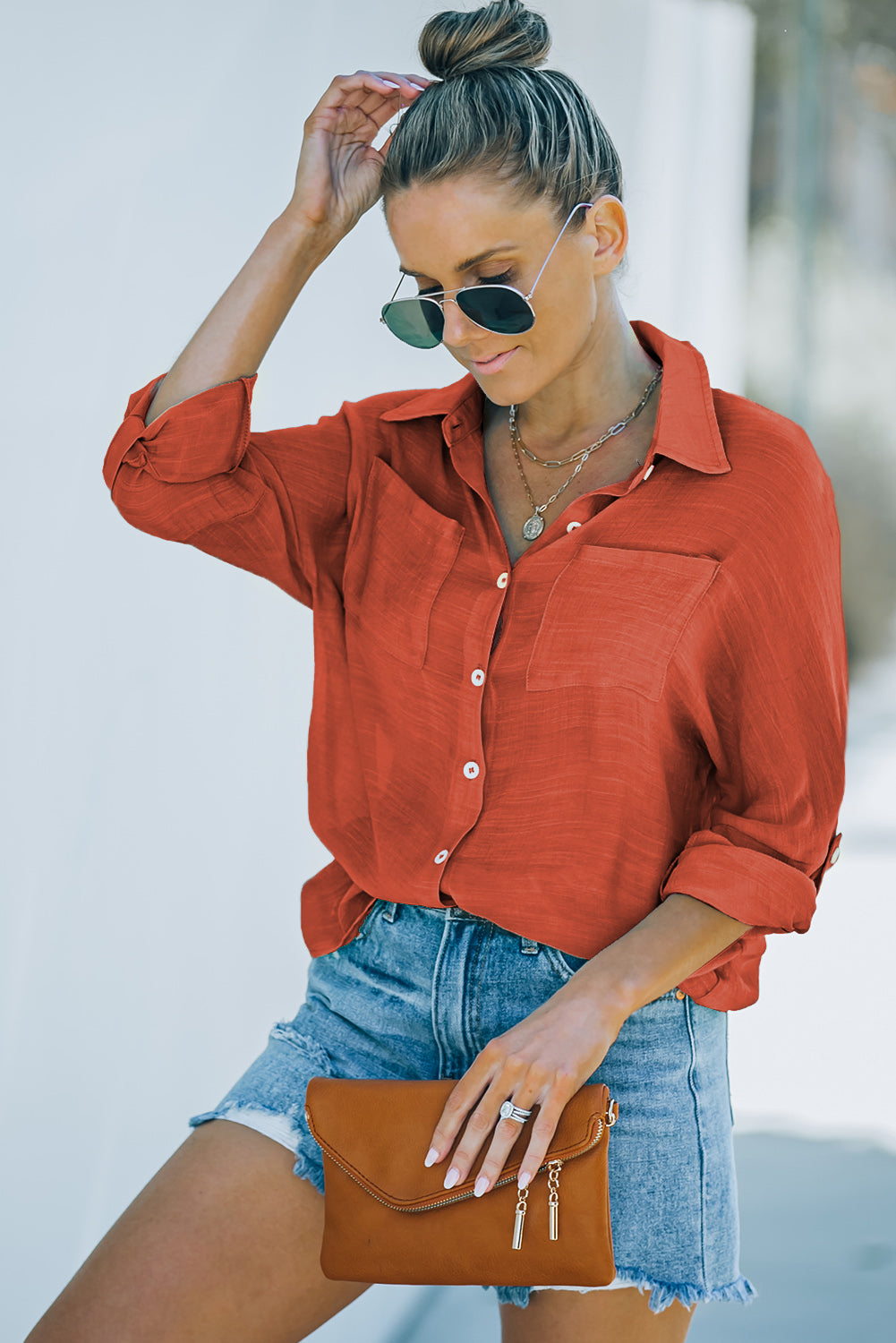 Button-Up Shirt with Breast Pockets-Mope's Closet