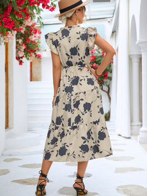 Floral Frill Trim V-Neck Tiered Midi Dress-Mope's Closet