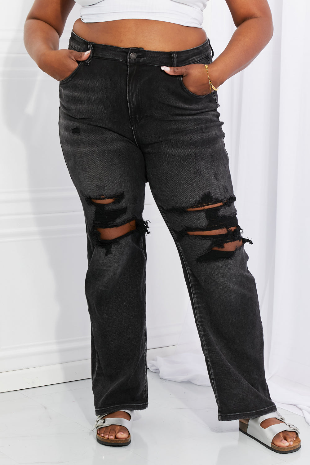 RISEN Full Size Lois Distressed Loose Fit Jeans-Mope's Closet