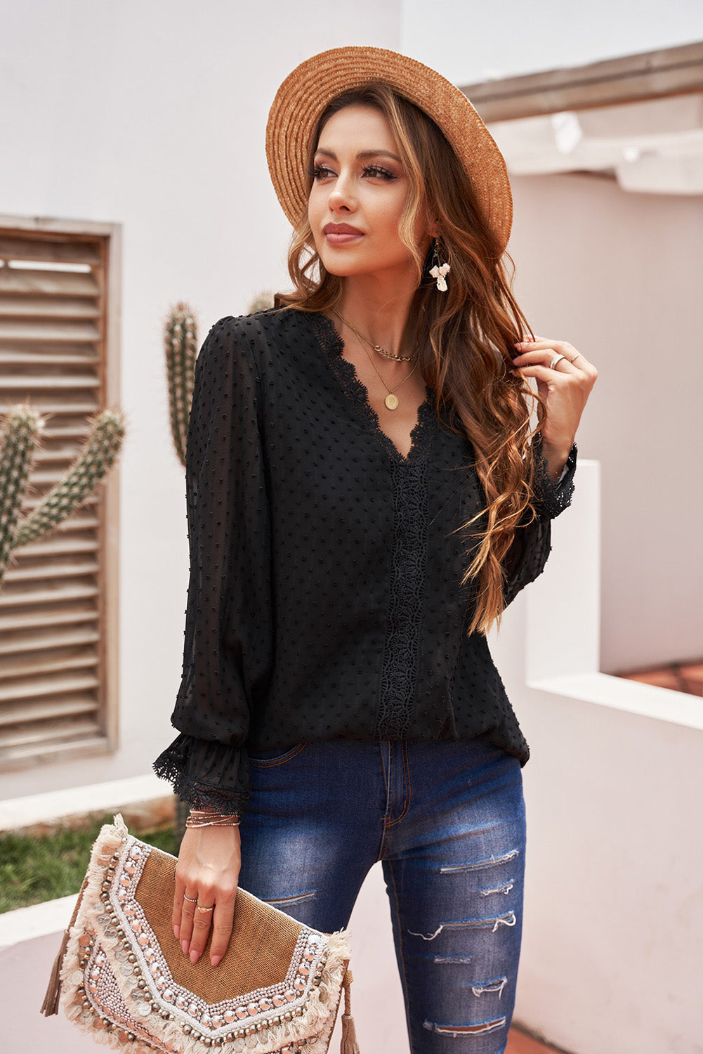 Swiss Dot Spliced Lace Flounce Sleeve Blouse-Mope's Closet