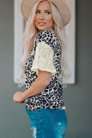 Leopard Print Lace Sleeve Round Neck Tee-Mope's Closet