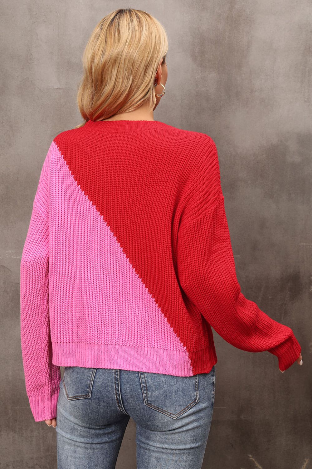 Two-Tone Round Neck Dropped Shoulder Sweater-Mope's Closet