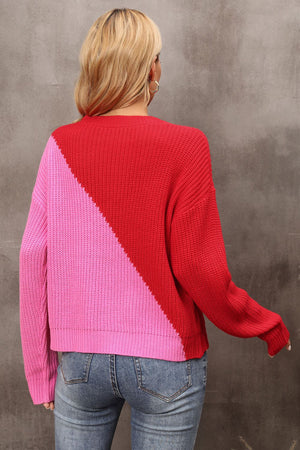 Two-Tone Round Neck Dropped Shoulder Sweater-Mope's Closet