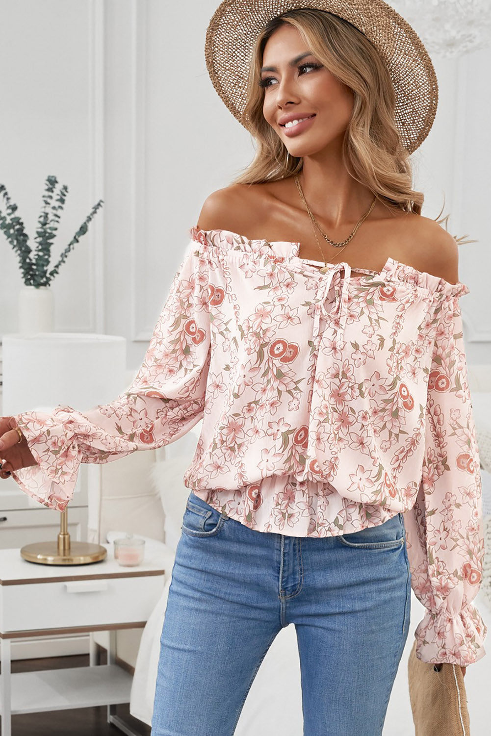 Floral Flounce Sleeve Frilled Off-Shoulder Blouse-Mope's Closet