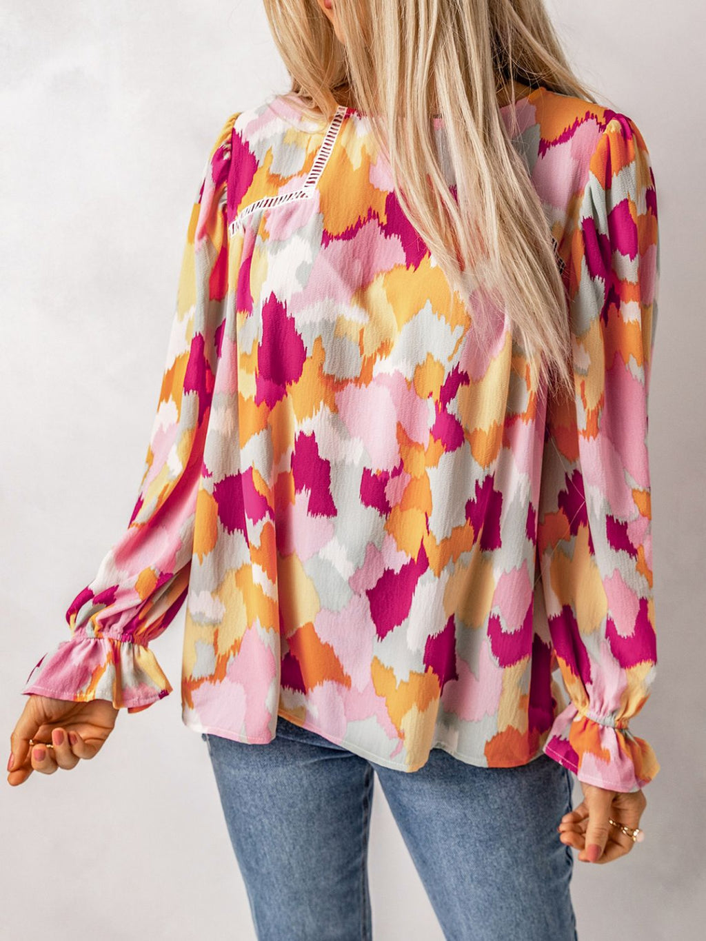 Printed Flounce Sleeve Buttoned Blouse-Mope's Closet