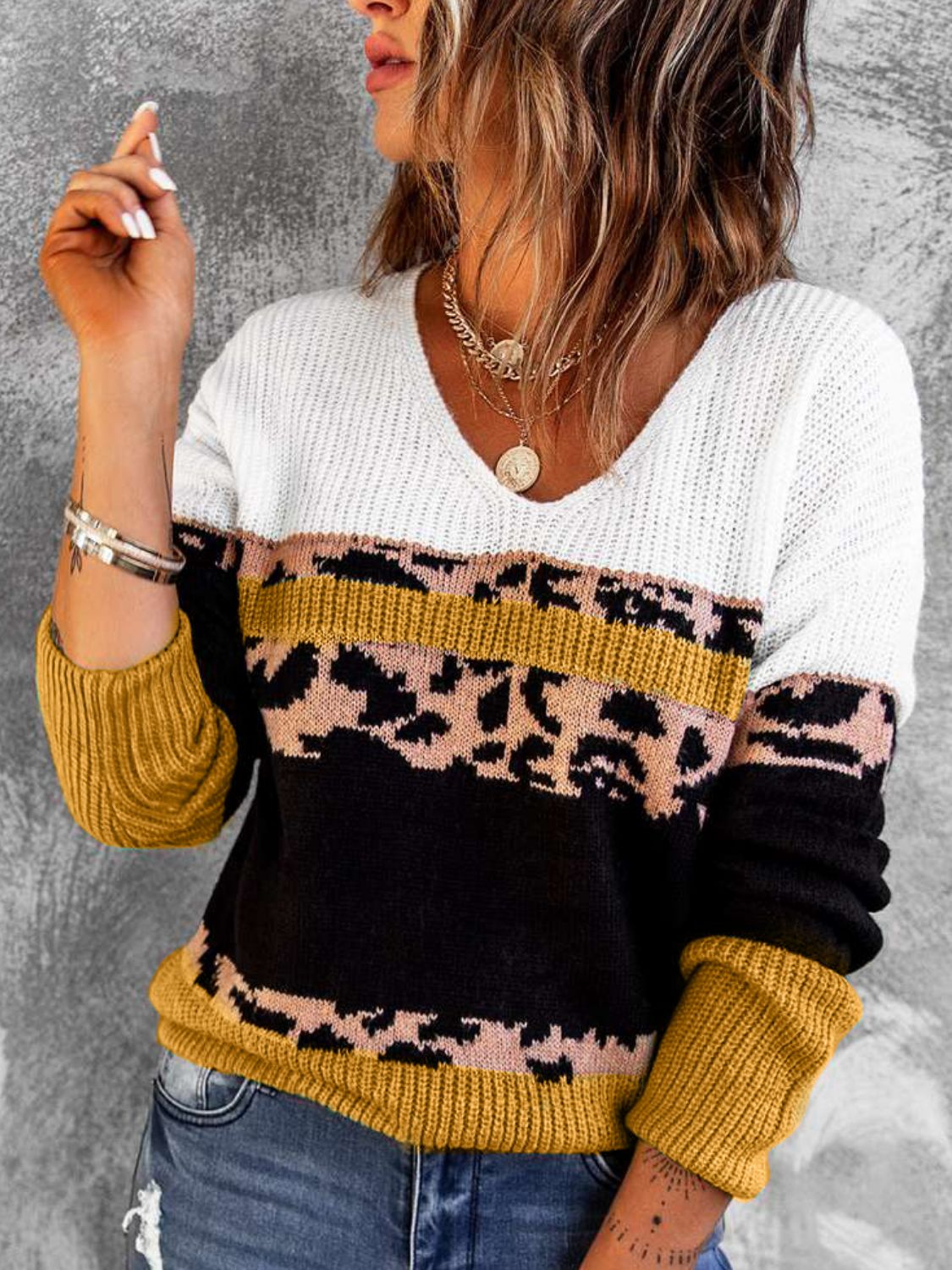 Leopard Color Block V-Neck Rib-Knit Sweater-Mope's Closet