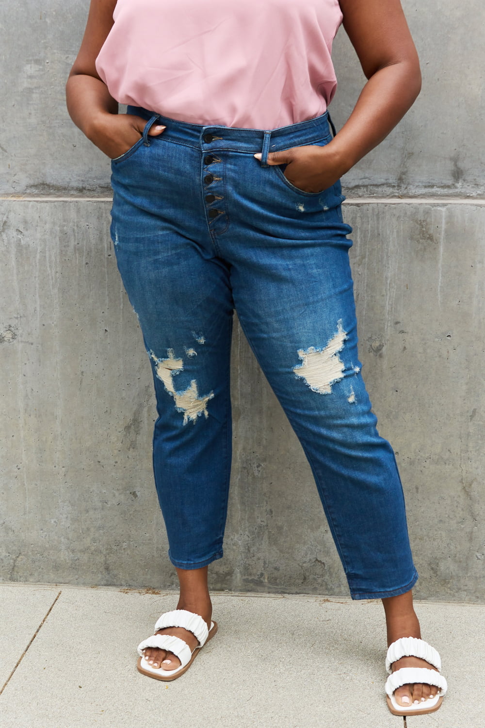 Judy Blue Melanie Full Size High Waisted Distressed Boyfriend Jeans-Mope's Closet