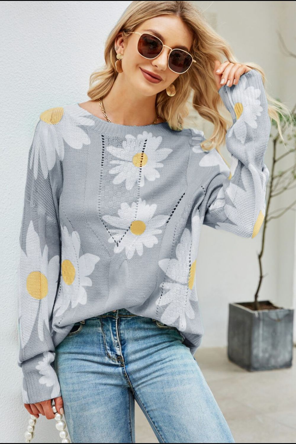 Daisy Print Openwork Round Neck Sweater-Mope's Closet