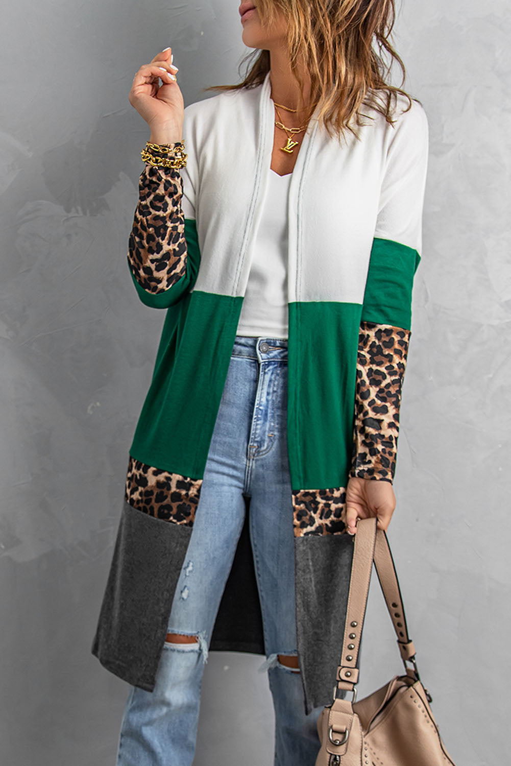 Leopard Color Block Open Front Longline Cardigan-Mope's Closet