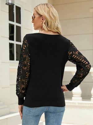 Lace Sleeve Ribbed Trim V-Neck Sweater-Mope's Closet