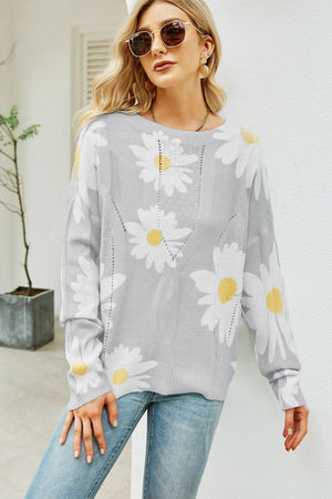 Daisy Print Openwork Round Neck Sweater-Mope's Closet