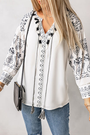 Printed Tassel Tie Puff Sleeve Blouse-Mope's Closet