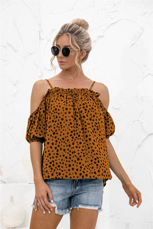 Printed Cold-Shoulder Frill Trim Blouse-Mope's Closet