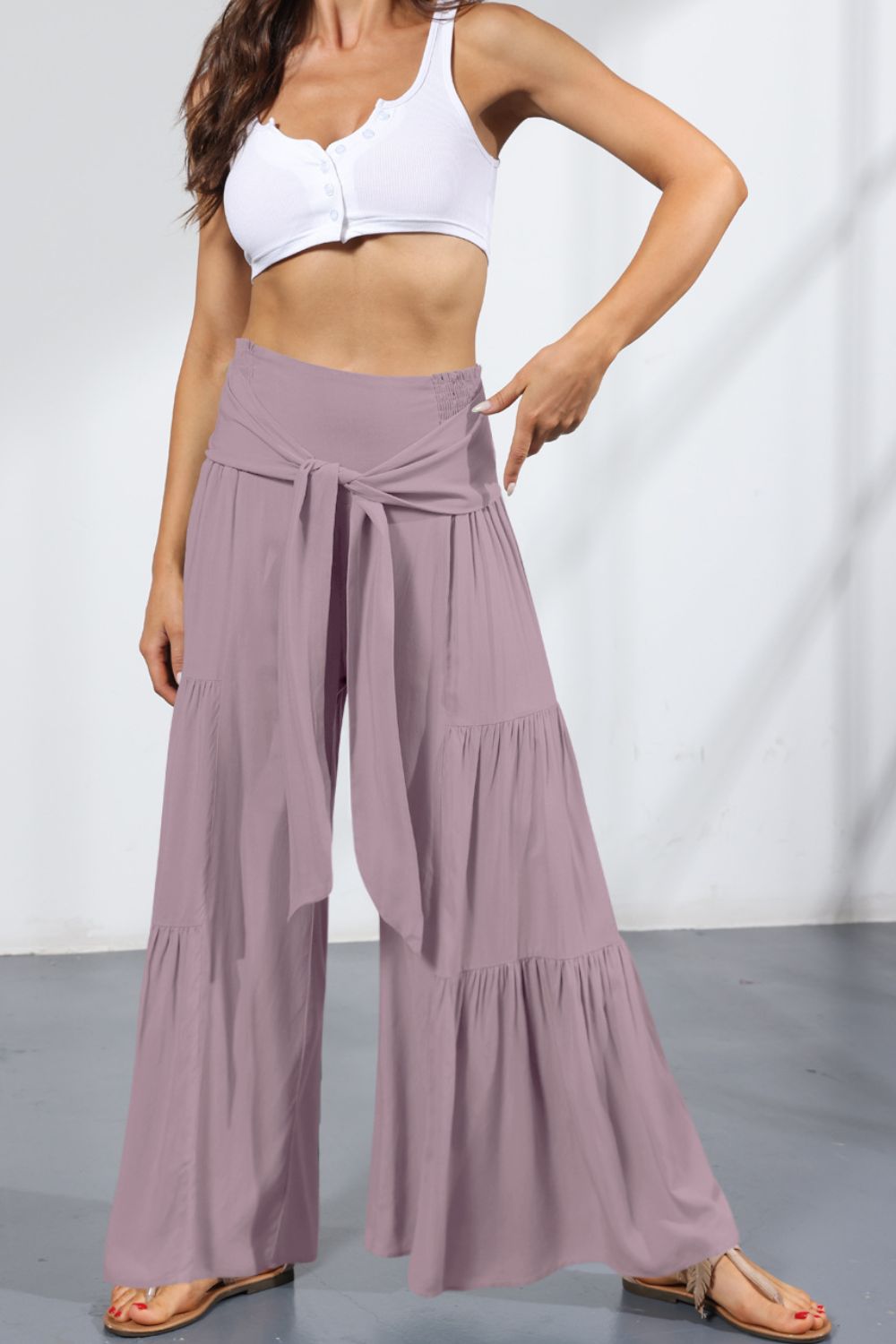 Tie Front Smocked Tiered Culottes-Mope's Closet