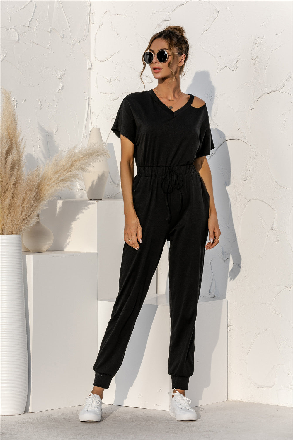 Cut Out V-neck Drawstring Jumpsuit-Mope's Closet