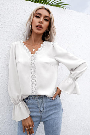 Lace Trim Flounce Sleeve Blouse-Mope's Closet