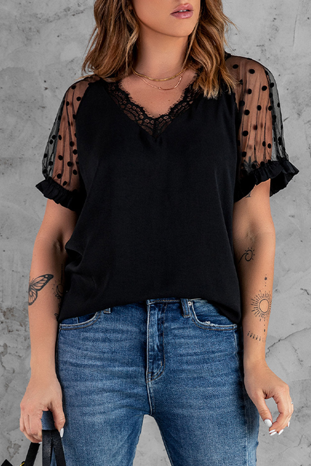 Polka Dot Lace Trim Spliced Mesh Blouse-Mope's Closet