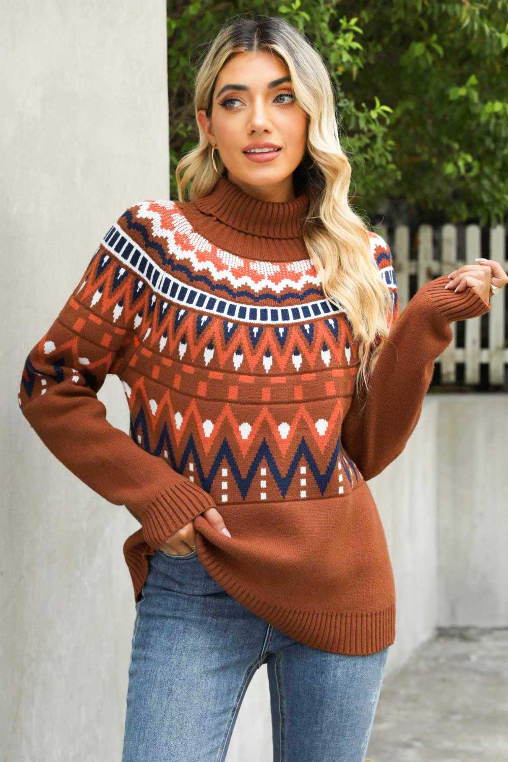 Chevron Turtleneck Ribbed Trim Sweater-Mope's Closet