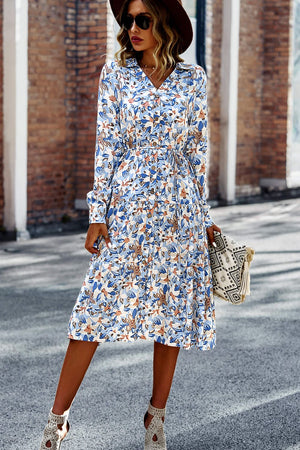 Printed Button Front Belted Tiered Shirt Dress-Mope's Closet