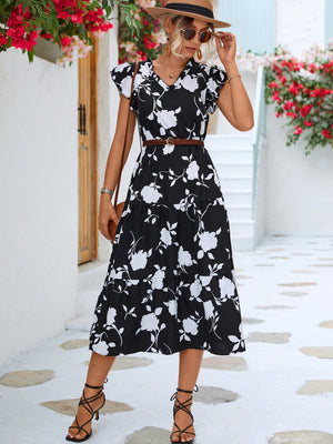 Floral Frill Trim V-Neck Tiered Midi Dress-Mope's Closet