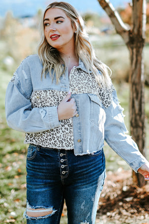 Plus Size Leopard Raw Hem Distressed Spliced Denim Jacket-Mope's Closet