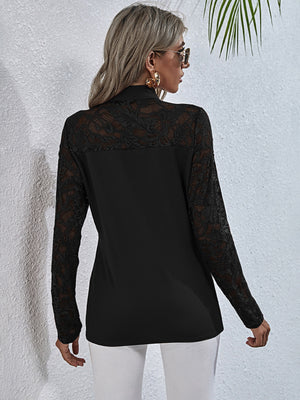 Tie Neck Spliced Lace Long Sleeve Top-Mope's Closet