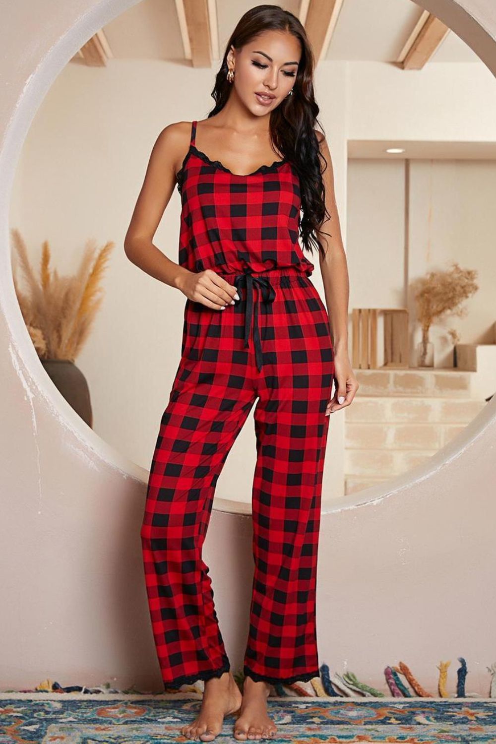 Plaid Lace Trim Spaghetti Strap Jumpsuit-Mope's Closet