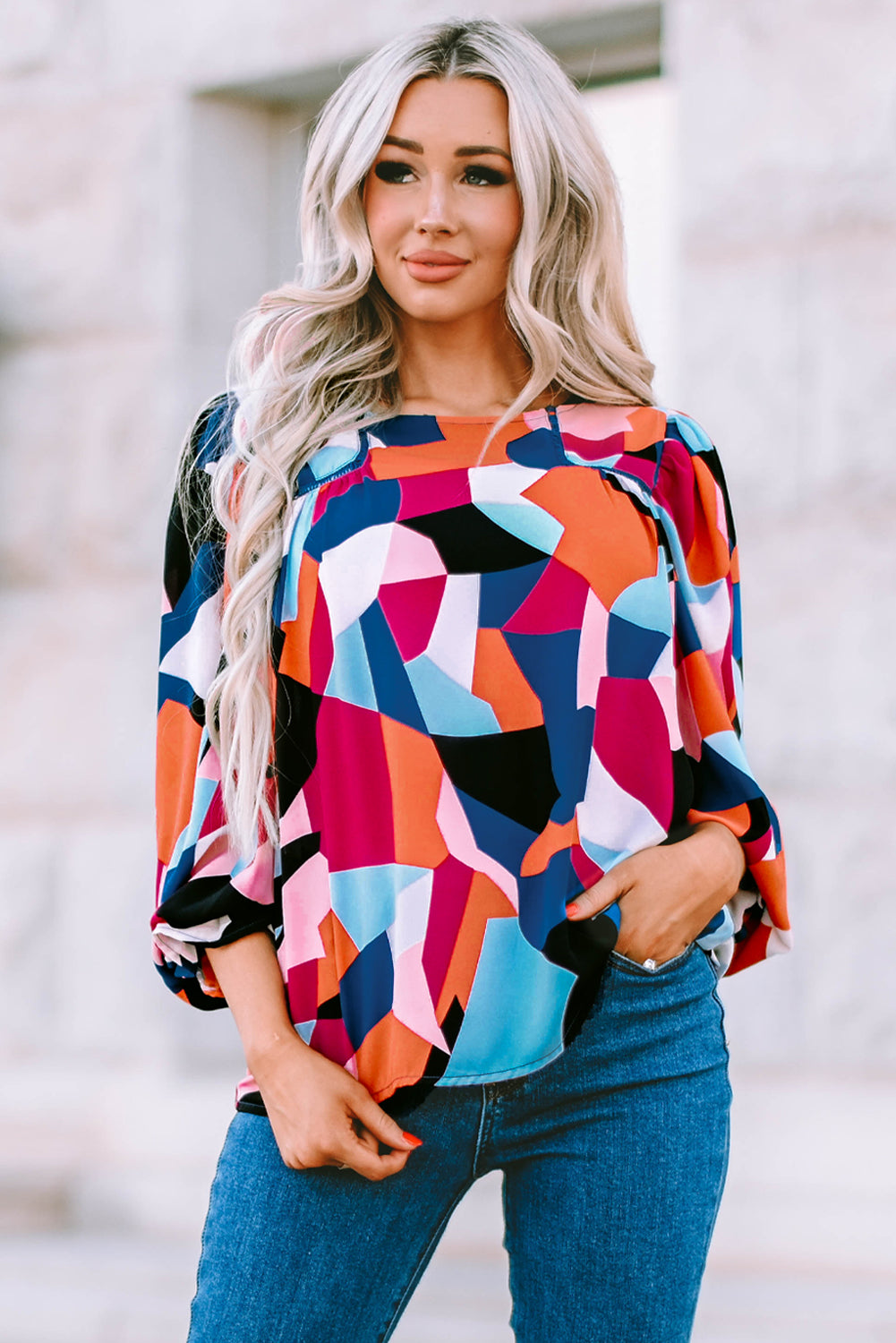 Geometric Flounce Sleeve Blouse-Mope's Closet