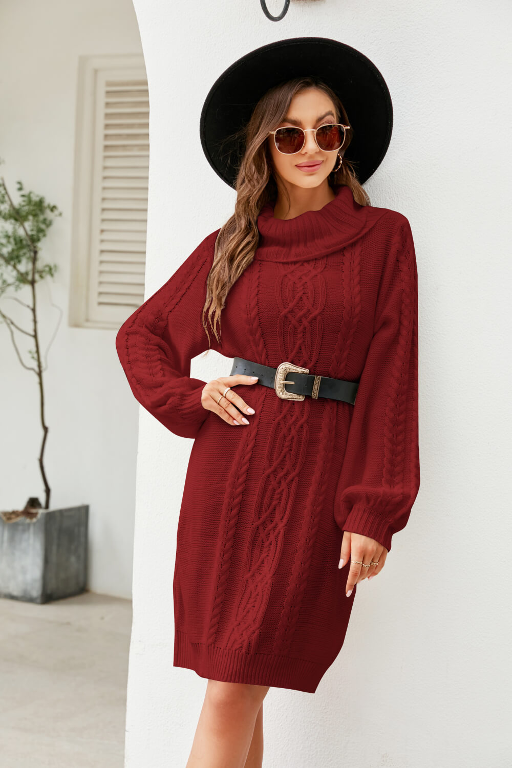 Mixed Knit Turtleneck Lantern Sleeve Sweater Dress-Mope's Closet