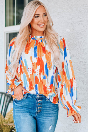 Paint Print Ruffle Collar Flounce Sleeve Top-Mope's Closet