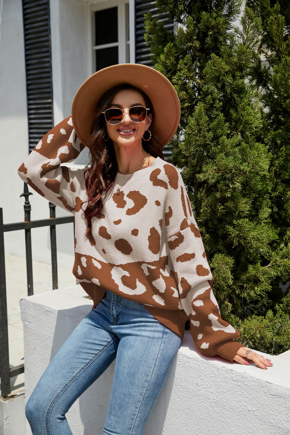 Leopard Ribbed Trim Dropped Shoulder Sweater-Mope's Closet