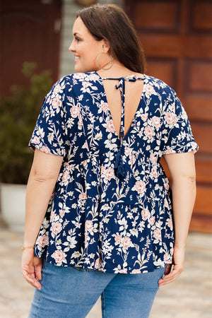 Floral V-Neck Tied Babydoll Blouse-Mope's Closet